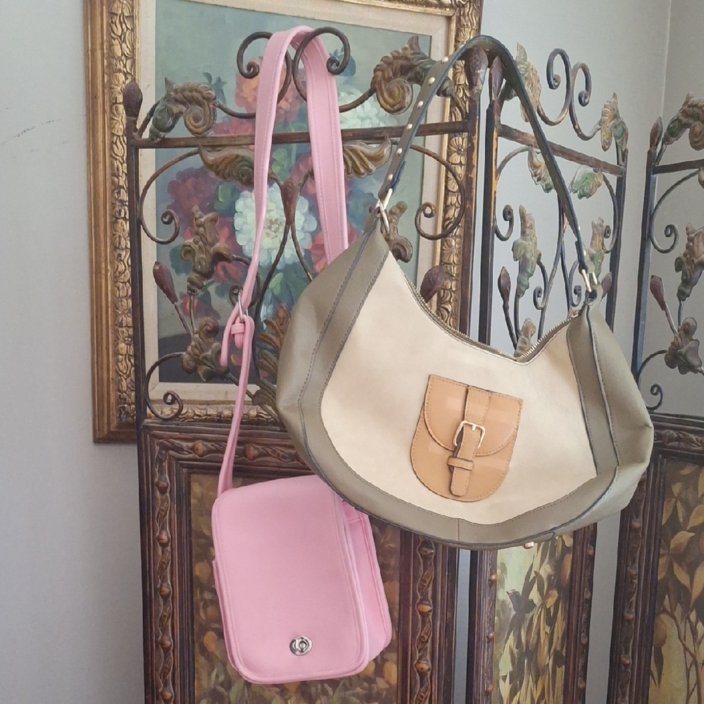 Canvas and Leather Hobo Bag in Beige and Tan with Pink Crossbody
